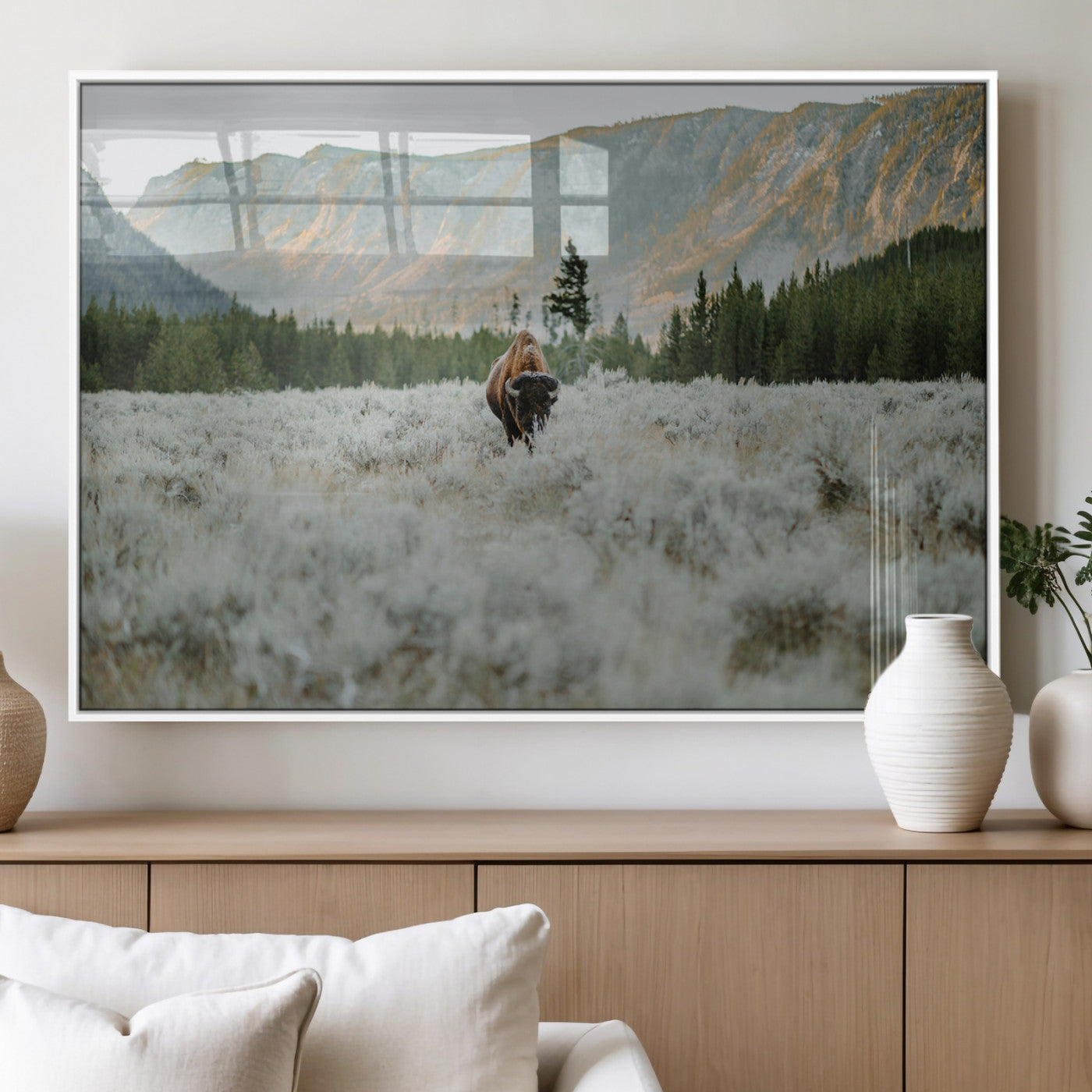 41674074-MGV-FP-36X24-3P_White-Bison Wall Art – American Buffalo Wildlife Photography Canvas Print, Western Mountain Landscape Artwork Rustic Nature Decor for