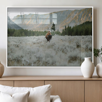 41674074-MGV-FP-36X24-3P_White-Bison Wall Art – American Buffalo Wildlife Photography Canvas Print, Western Mountain Landscape Artwork Rustic Nature Decor for