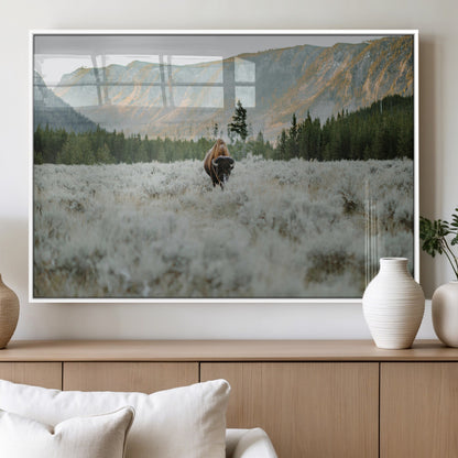 41674074-MGV-FP-36X24-3P_White-Bison Wall Art – American Buffalo Wildlife Photography Canvas Print, Western Mountain Landscape Artwork Rustic Nature Decor for