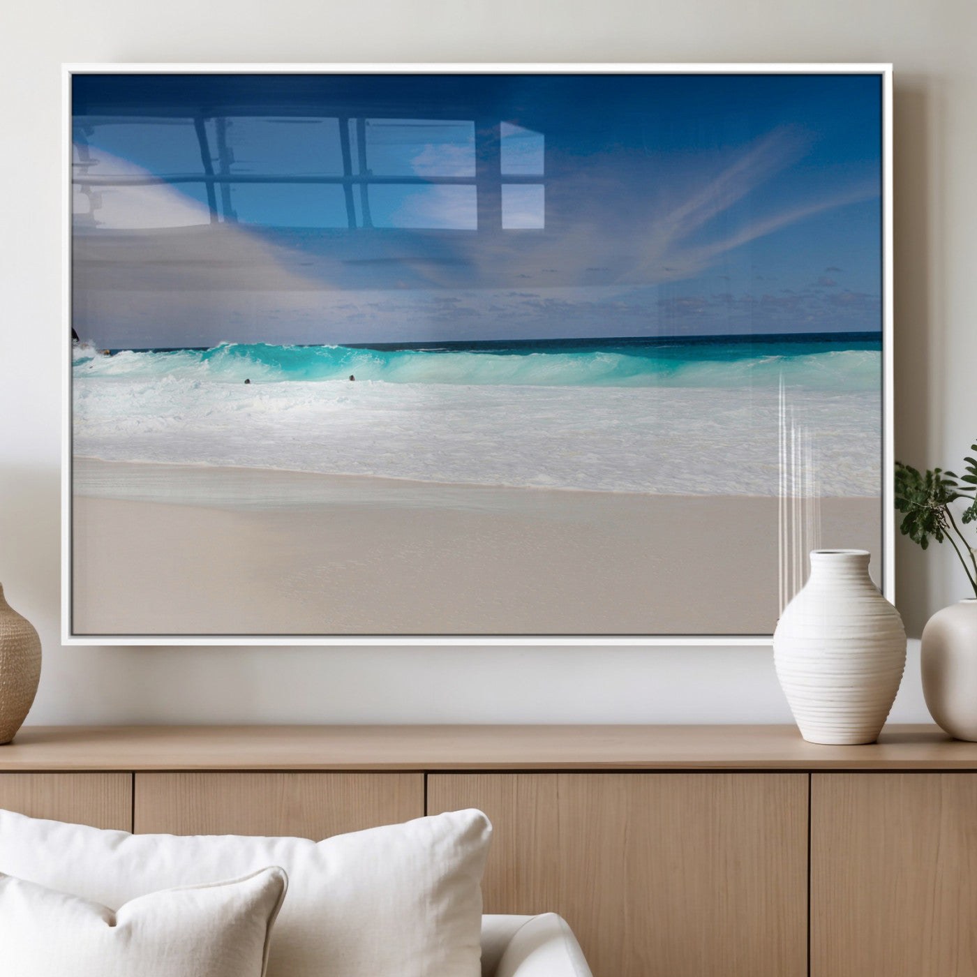 55017356-MGV-FP-36X24-3P_White-Ocean Beach Wall Art – Turquoise Wave and White Sand Shoreline Canvas Print, Coastal Seascape Photography Decor for Living Room,