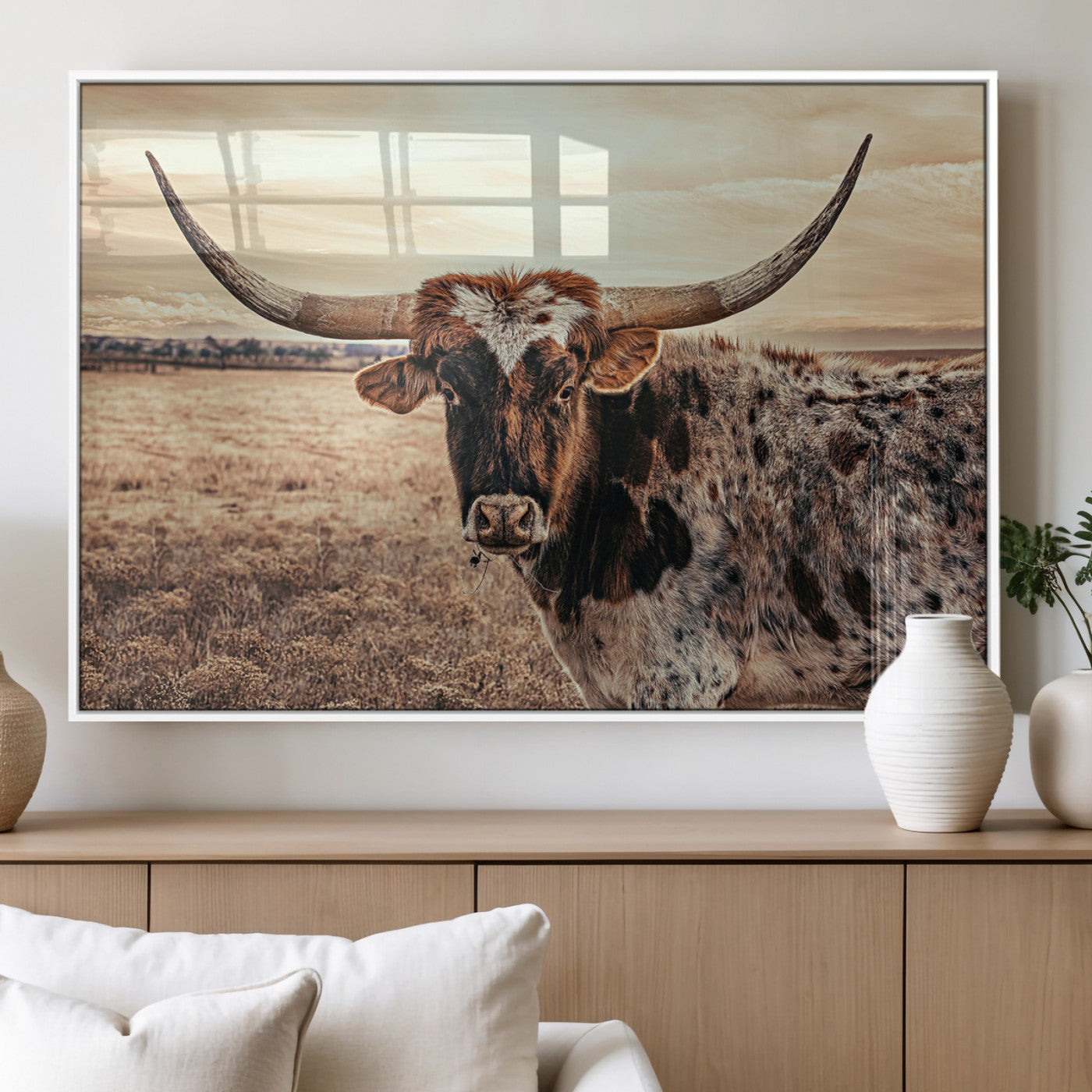 95745718-MGV-FP-36X24-3P_White-Texas Longhorn Wall Art – Western Cattle Photography Canvas Print, Rustic Ranch Animal Artwork Country Farmhouse Decor for Living