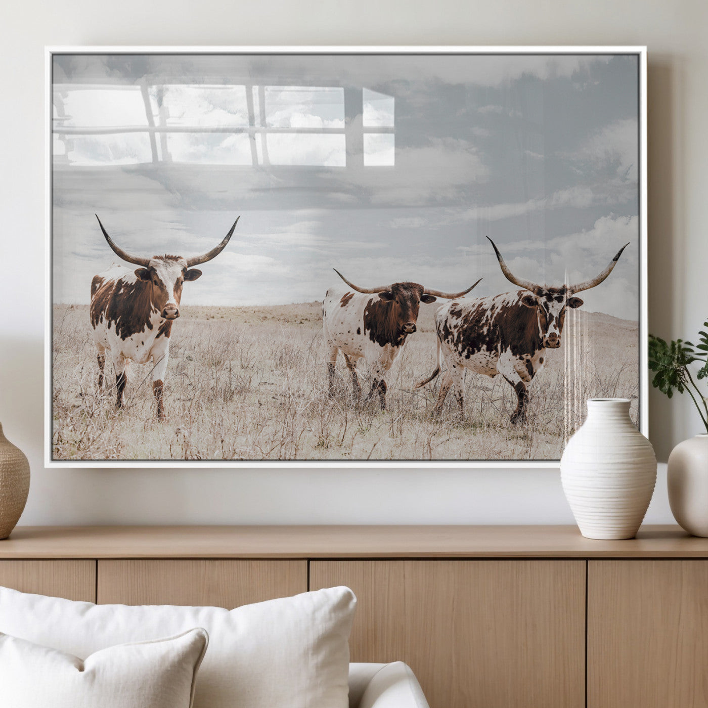 65621083-MGV-FP-36X24-3P_White-Texas Longhorn Wall Art – Rustic Western Cattle Canvas Print, Southwestern Ranch Photography Decor for Living Room, Office,