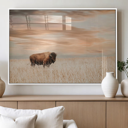 20306324-MGV-FP-36X24-3P_White-Bison Wall Art – Lone American Buffalo Prairie Sunset Canvas Print, Rustic Western Wildlife Photography Decor for Living Room,