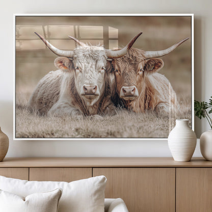 38651722-MGV-FP-36X24-3P_White-Cow Wall Art – Rustic Longhorn Pair Canvas Print, Western Farmhouse Animal Painting, Country Ranch Decor for Living Room, Bedroom,
