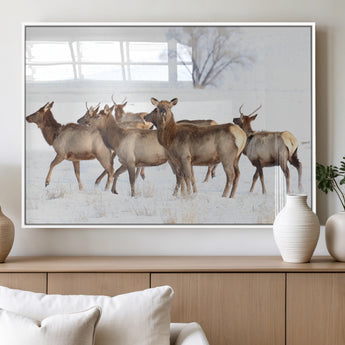 41416314-MGV-FP-36X24-3P_White-Elk Wall Art – Wildlife Herd Canvas Print in Snowy Landscape, Rustic Nature Painting, Western Cabin Lodge Decor for Living Room,