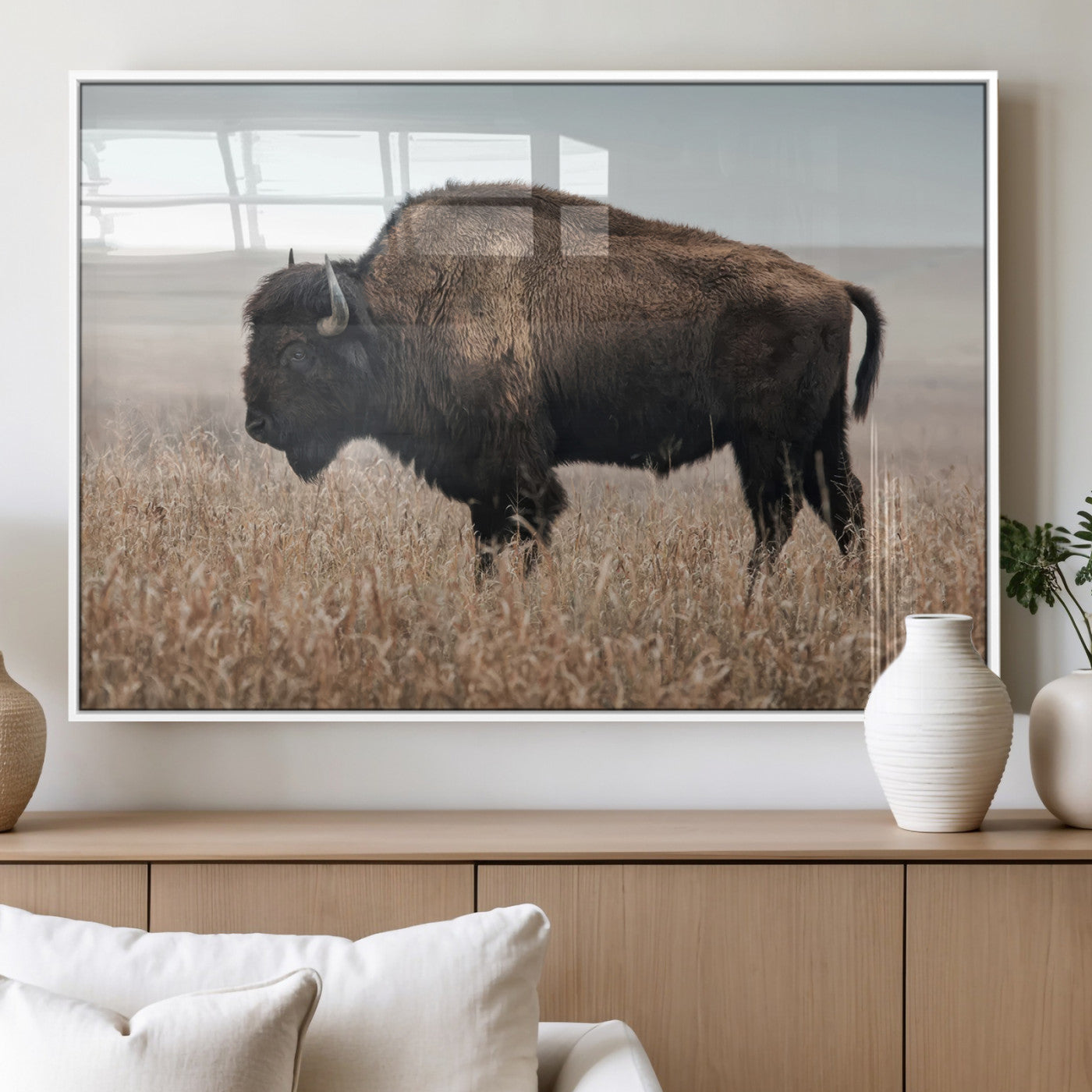 69909079-MGV-FP-36X24-3P_White-Bison Wall Art – Majestic Buffalo Canvas Print in Prairie Grasslands, Rustic Western Animal Painting, Farmhouse Ranch Decor for