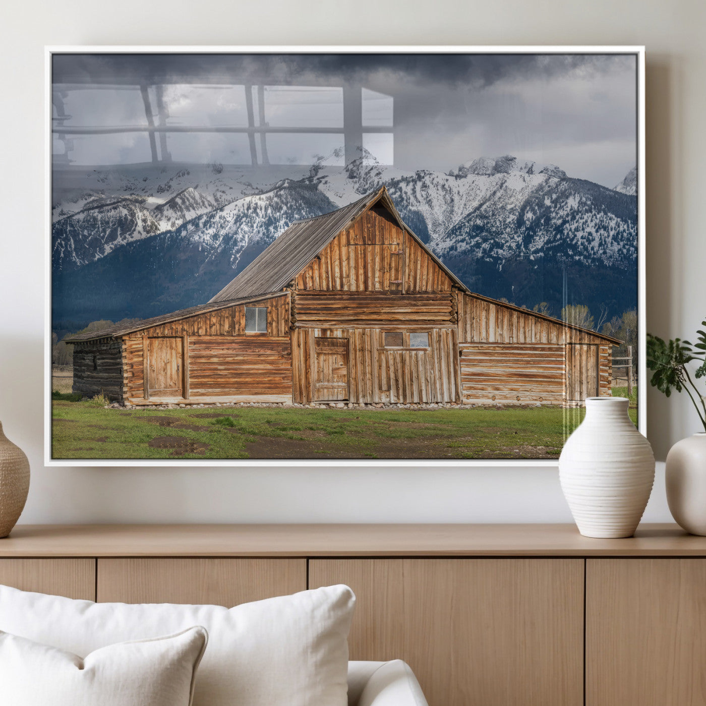15173627-MGV-FP-36X24-3P_White-Barn Wall Art – Rustic Wooden Cabin Canvas Print with Snowy Mountain Landscape, Western Farmhouse Country Decor for Living Room,