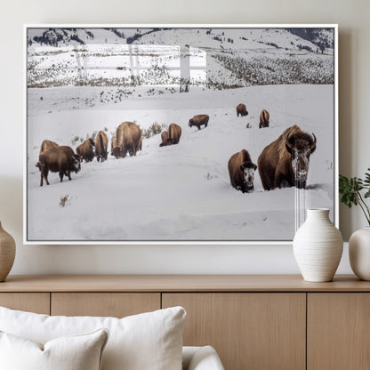 38217250-MGV-FP-36X24-3P_White-Bison Herd Wall Art – Wildlife Canvas Print of Buffalo Winter Snow Scene, Rustic Western Lodge Décor, Farmhouse & Cabin Nature