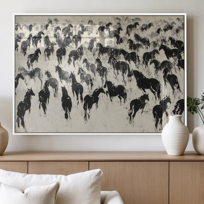 29265745-MGV-FP-36X24-3P_White-Wild Horse Herd Wall Art – Black and White Galloping Horses Canvas Print, Rustic Western Farmhouse Décor for Living Room, Bedroom,