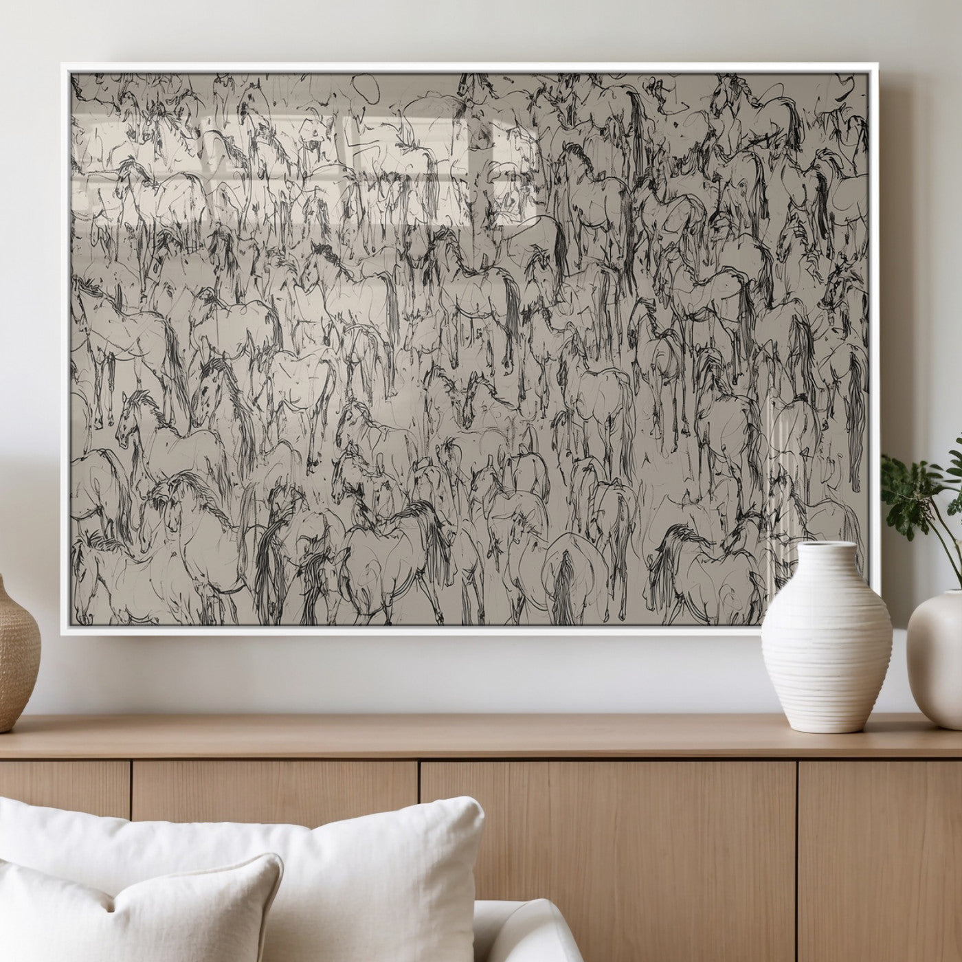 12358908-MGV-FP-36X24-3P_White-Horse Herd Sketch Wall Art – Abstract Wild Horses Line Drawing Canvas Print, Rustic Western Style Equestrian Decor for Living