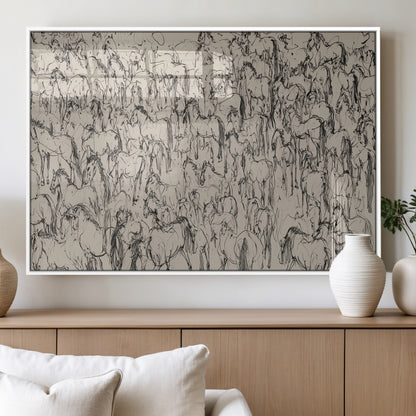 12358908-MGV-FP-36X24-3P_White-Horse Herd Sketch Wall Art – Abstract Wild Horses Line Drawing Canvas Print, Rustic Western Style Equestrian Decor for Living