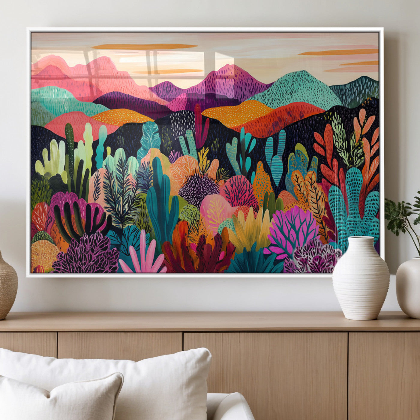 16756910-MGV-FP-36X24-3P_White-Colorful Desert Landscape Wall Art – Vibrant Mountain Canvas Print, Bold Botanical Artwork for Living Room, Bedroom, Office,