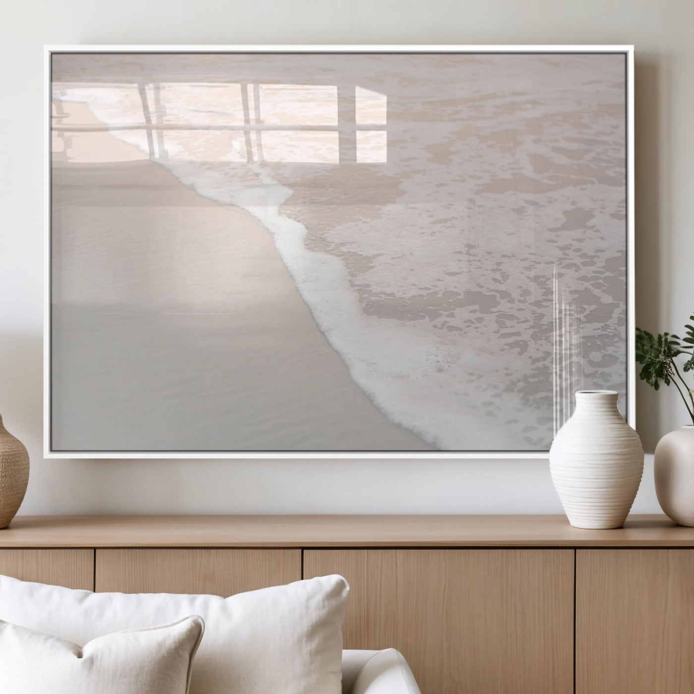 28414510-MGV-FP-36X24-3P_White-Ocean Shoreline Wall Art – Minimal Coastal Beach Canvas Print, Soft Sea Foam and Sand Photography Artwork, Relaxing Nautical Decor