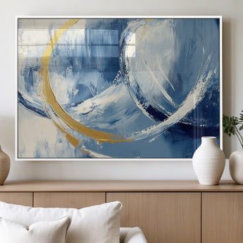 42475677-MGV-FP-36X24-3P_White-Blue and Gold Abstract Wall Art – Modern Luxury Canvas Print, Navy White Brushstroke Painting, Contemporary Home Office Living