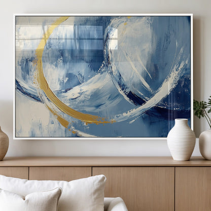 42475677-MGV-FP-36X24-3P_White-Blue and Gold Abstract Wall Art – Modern Luxury Canvas Print, Navy White Brushstroke Painting, Contemporary Home Office Living