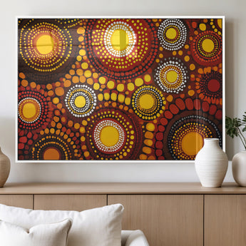 81120549-MGV-FP-36X24-3P_White-Abstract Dot Painting Wall Art – Vibrant Tribal Boho Style Canvas Print with Sunburst Mandala Circles in Warm Red, Yellow, Orange