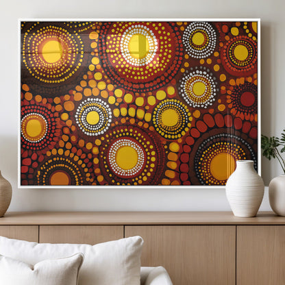81120549-MGV-FP-36X24-3P_White-Abstract Dot Painting Wall Art – Vibrant Tribal Boho Style Canvas Print with Sunburst Mandala Circles in Warm Red, Yellow, Orange