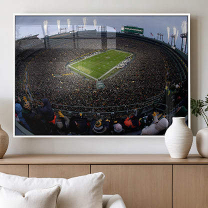 14387817-MGV-FP-36X24-3P_White-Lambeau Field Stadium Wall Art – Green Bay Packers Game Day Canvas Print with Fireworks and Crowd – NFL Football Fan Man Cave