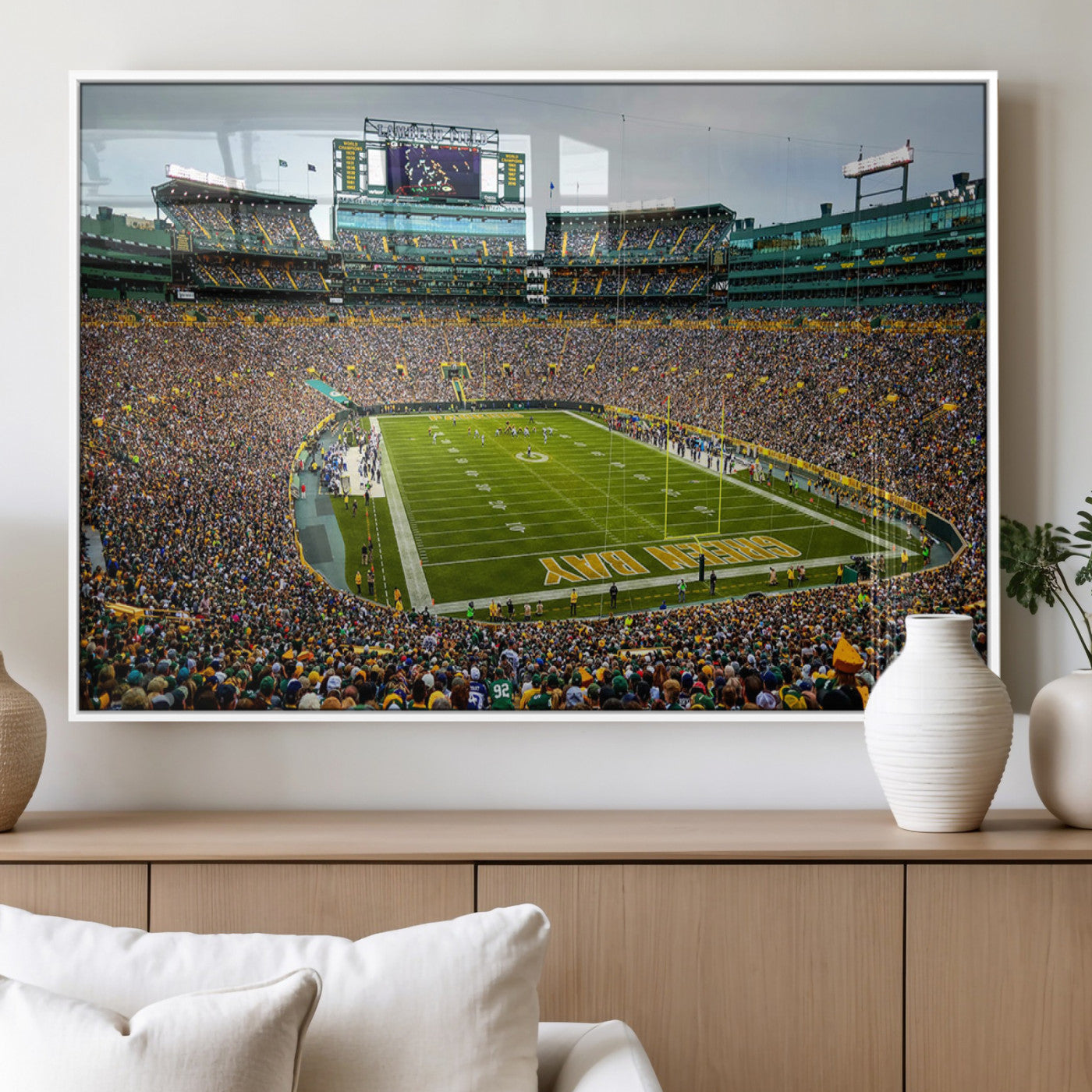 96617112-MGV-FP-36X24-3P_White-Lambeau Field Wall Art – Green Bay Packers NFL Football Stadium Canvas Print – Game Day Crowd Sports Decor for Man Cave, Bar, or