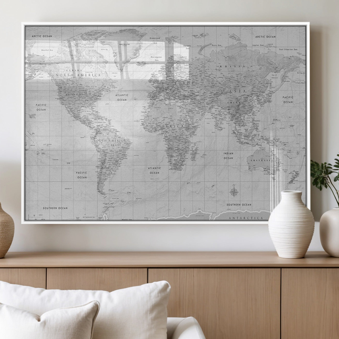 10516725-MGV-FP-36X24-3P_White-Black and White World Map Wall Art – Minimalist Grayscale Canvas Print – Modern Detailed Travel Map Poster for Home, Office, or