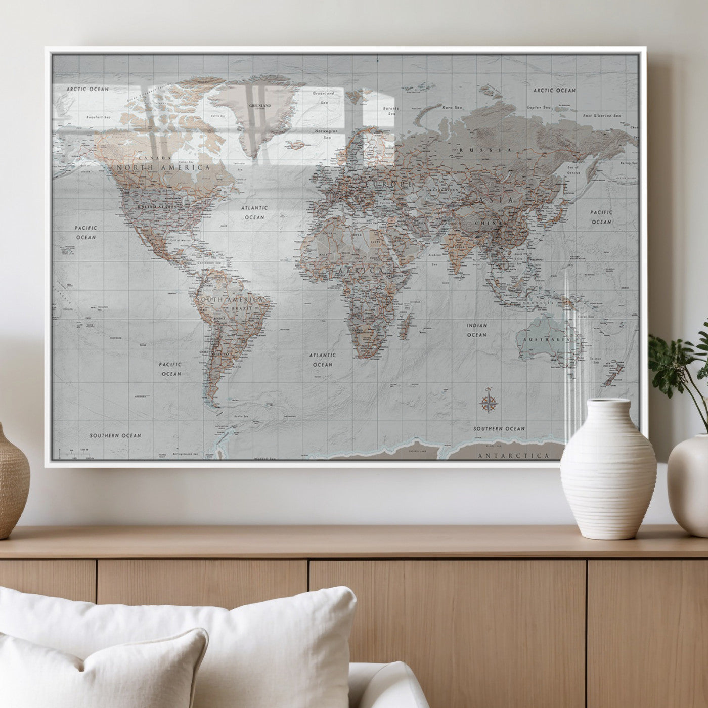 59737235-MGV-FP-36X24-3P_White-Muted Gray & Copper World Map Wall Art – Modern Vintage Canvas Print – Neutral Gray and Brown Detailed Travel Map for Office,