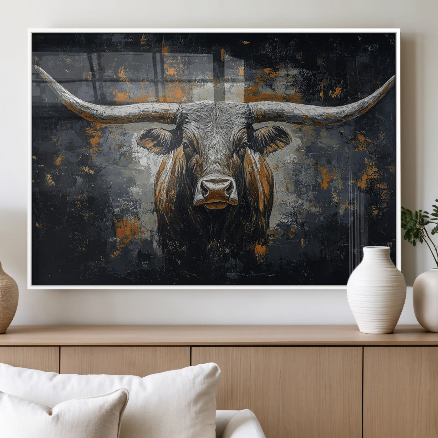 93195031-MGV-FP-36X24-3P_White-Dark Longhorn Bull Wall Art – Western Steer Canvas Print, Moody Rustic Animal Painting for Man Cave, Ranch House, Office or Modern