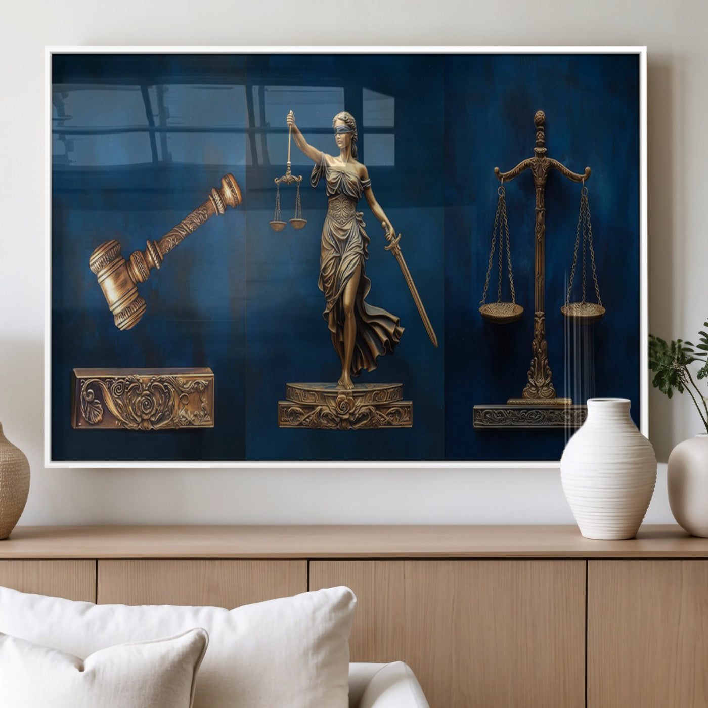91629053-MGV-FP-36X24-3P_White-Lady Justice Wall Art – Golden Gavel and Scales Canvas Print, Elegant Legal Office Decor for Lawyers, Judges, Courtroom or Study