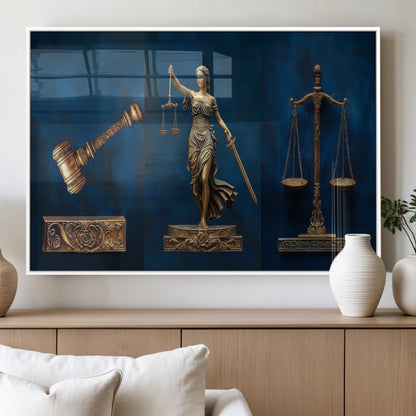 91629053-MGV-FP-36X24-3P_White-Lady Justice Wall Art – Golden Gavel and Scales Canvas Print, Elegant Legal Office Decor for Lawyers, Judges, Courtroom or Study