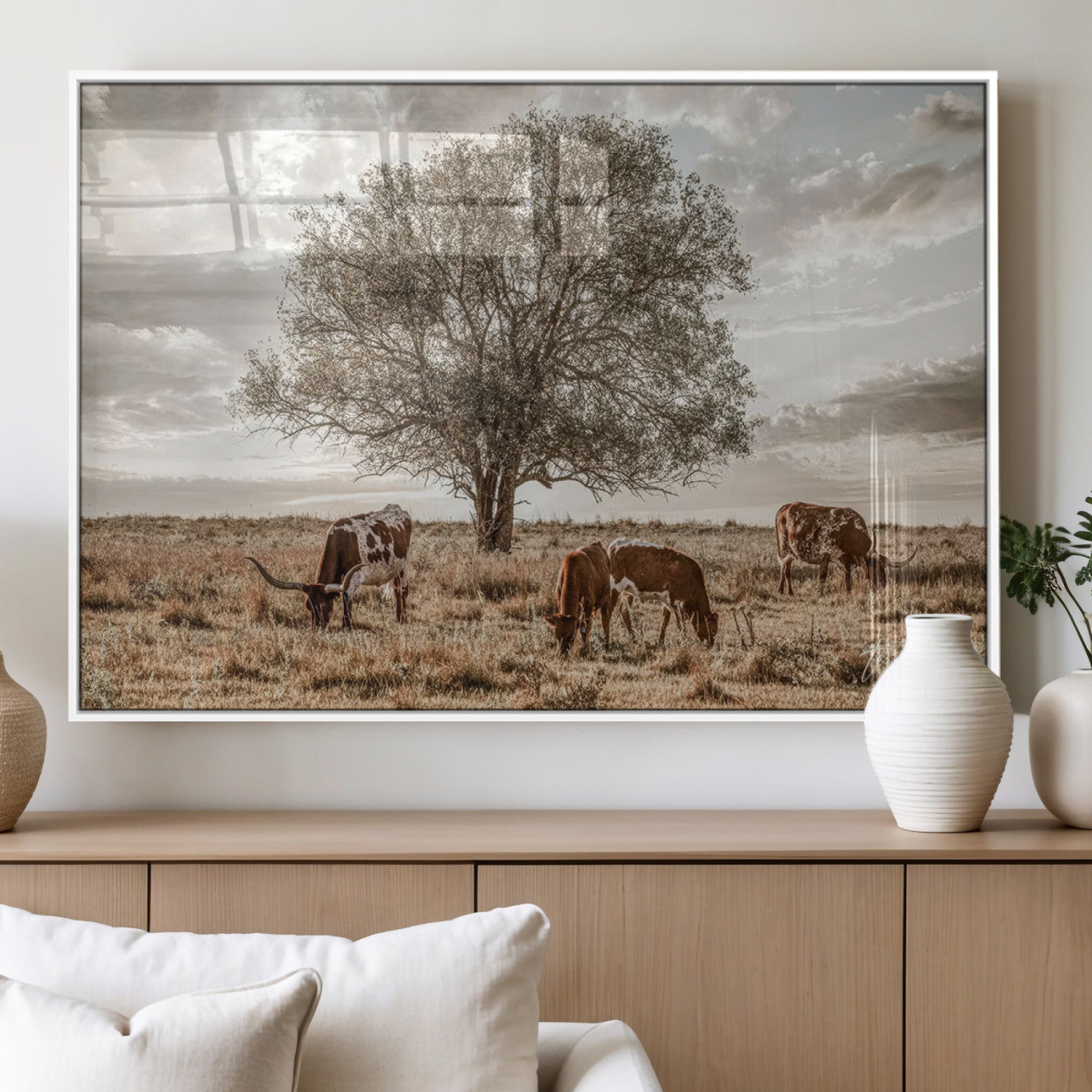 87590224-MGV-FP-36X24-3P_White-Longhorn Cattle Wall Art – Rustic Western Landscape Canvas Print, Texas Farmhouse Prairie Scene for Living Room, Office, or Ranch
