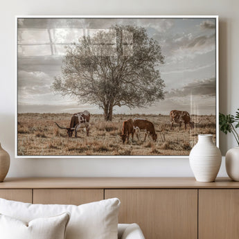 87590224-MGV-FP-36X24-3P_White-Longhorn Cattle Wall Art – Rustic Western Landscape Canvas Print, Texas Farmhouse Prairie Scene for Living Room, Office, or Ranch