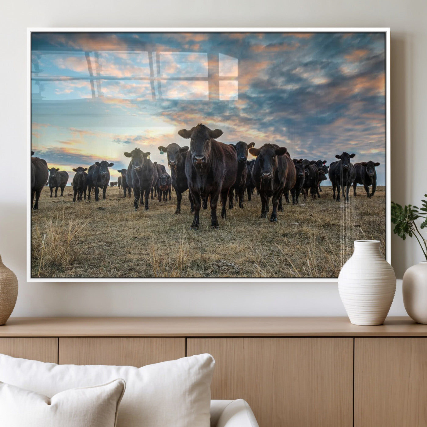 13867292-MGV-FP-36X24-3P_White-Black Cattle Wall Art – Rustic Ranch Herd Canvas Print, Western Farmhouse Country Landscape Decor for Living Room, Office, or