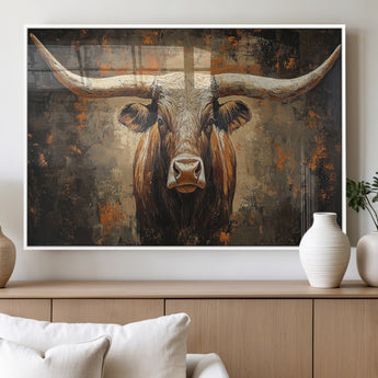 19204445-MGV-FP-36X24-3P_White-Texas Longhorn Bull Wall Art – Rustic Western Canvas Print, Bold Cowboy Cattle Painting for Ranch House, Farmhouse, Office, or