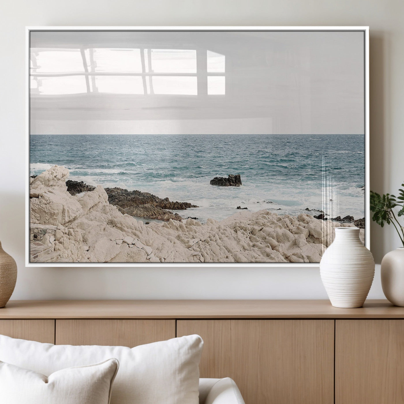 25481980-MGV-FP-36X24-3P_White-Ocean Coastal Wall Art – Rocky Shoreline and Waves Canvas Print, Serene Beach Landscape Decor for Living Room, Bedroom, or Office