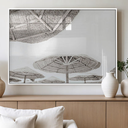 97043123-MGV-FP-36X24-3P_White-Beach Umbrella Wall Art – Minimalist Coastal Canvas Print, Woven Parasol Summer Decor for Bedroom, Living Room, or Modern Beach