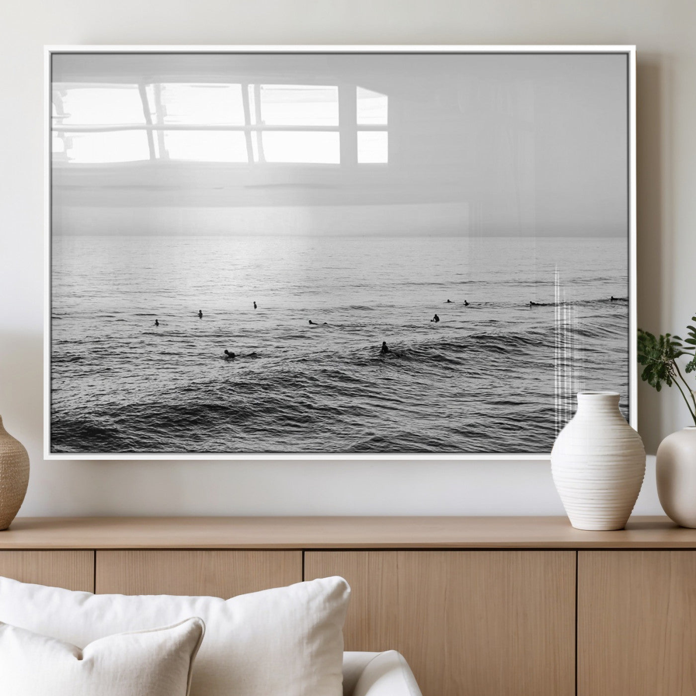 47208268-MGV-FP-36X24-3P_White-Surfer Ocean Wall Art – Black and White Coastal Canvas Print, Minimalist Surfing Seascape Decor for Living Room, Bedroom, or Beach