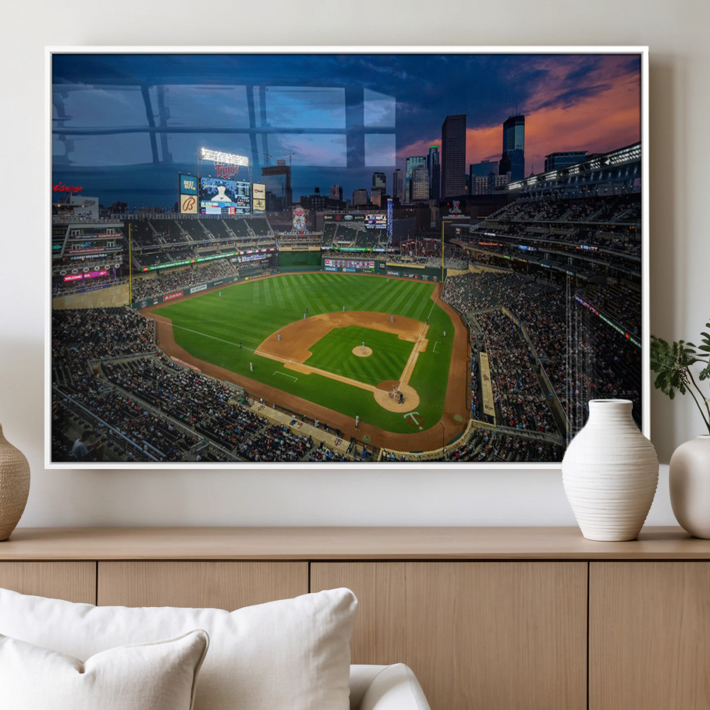 68222753-MGV-FP-36X24-3P_White-Baseball Stadium Wall Art – Panoramic Night Game Canvas Print, Sports Decor for Man Cave, Office, Bar, or Living Room