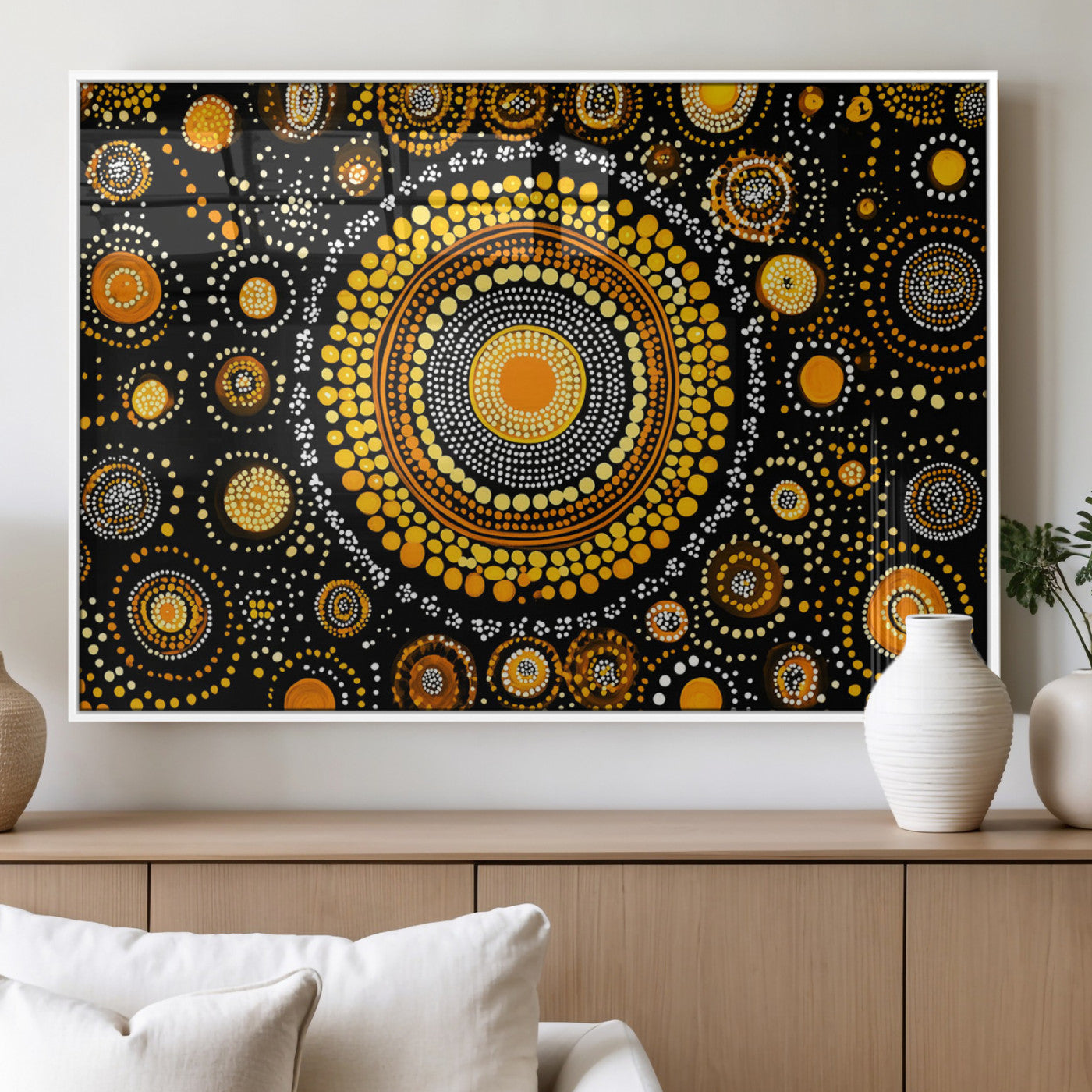 45478523-MGV-FP-36X24-3P_White-Abstract Circle Wall Art – Bold Black and Gold Dot Painting Canvas Print, Modern Geometric Mandala Style Decor for Living Room or