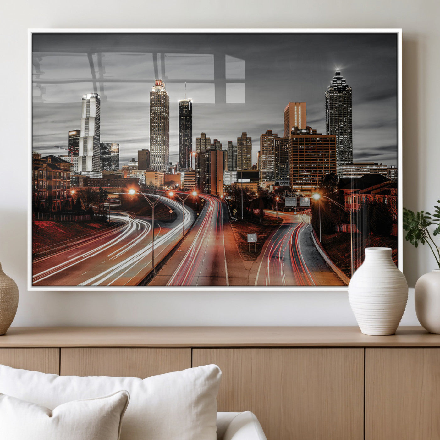 59097239-MGV-FP-36X24-3P_White-City Skyline Wall Art – Modern Black and White Night Canvas Print with Red Light Trails, Urban Landscape Decor for Living Room or