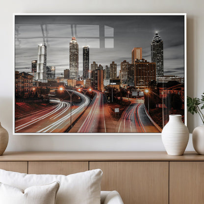 59097239-MGV-FP-36X24-3P_White-City Skyline Wall Art – Modern Black and White Night Canvas Print with Red Light Trails, Urban Landscape Decor for Living Room or