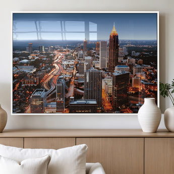 25096967-MGV-FP-36X24-3P_White-Atlanta Skyline Wall Art – Vibrant Cityscape Canvas Print, Modern Night Lights Urban Decor for Office, Living Room, or Apartment