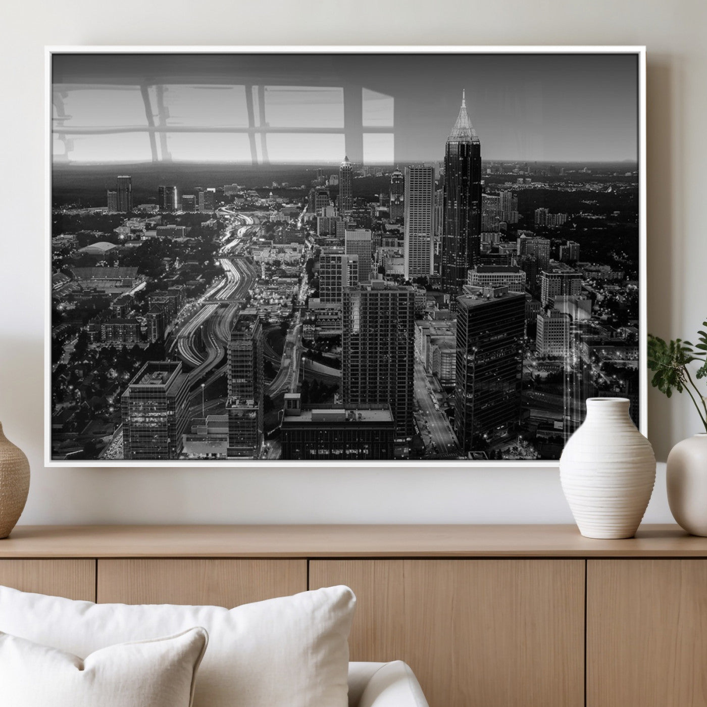 46578567-MGV-FP-36X24-3P_White-Atlanta Skyline Wall Art – Black and White Cityscape Canvas Print, Modern Urban Night Decor for Office, Living Room, or Apartment