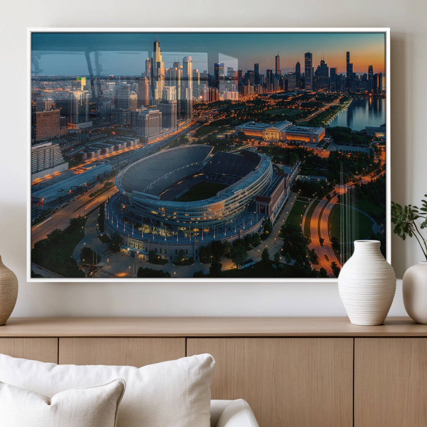 36690345-MGV-FP-36X24-3P_White-Soldier Field Wall Art – Chicago Bears Stadium Aerial Night Canvas Print, City Skyline Football Decor for Living Room, Office, or