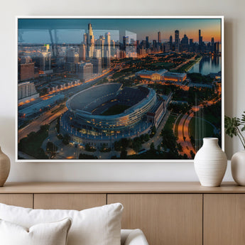 36690345-MGV-FP-36X24-3P_White-Soldier Field Wall Art – Chicago Bears Stadium Aerial Night Canvas Print, City Skyline Football Decor for Living Room, Office, or