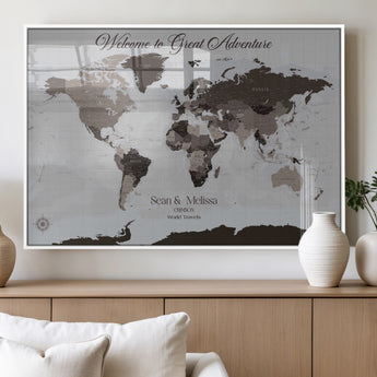 43749658-MGV-FP-36X24-3P_White-Welcome to Great Adventure World Map Wall Art – Charcoal Gray Canvas Print, Rustic Travel Decor for Living Room, Study, Office or