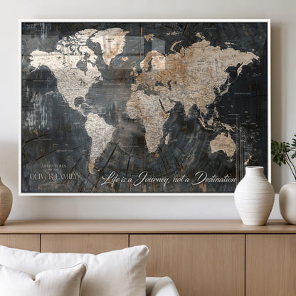 37848568-MGV-FP-36X24-3P_White-Life is a Journey Not a Destination World Map Rustic Wood Texture Vintage Beige Navy Adventure Wall Art Canvas Print for Home