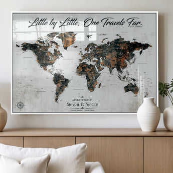 88337180-MGV-FP-36X24-3P_White-Little by Little One Travels Far Tolkien Quote World Map Rustic Black Brown Adventure Wall Art Canvas Print for Home Office Living