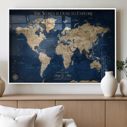 54782997-MGV-FP-36X24-3P_White-The World is Ours to Explore Wall Art – Blue World Map Canvas Print, Adventure Travel Decor for Home, Office or Living Room,