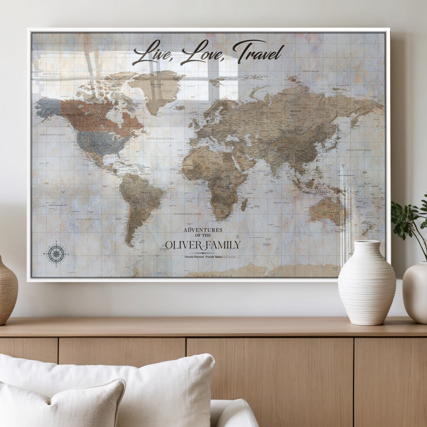 43924907-MGV-FP-36X24-3P_White-Live Love Travel Wall Art – Neutral World Map Canvas Print, Rustic Adventure Decor for Home, Office or Living Room, Unique Gift