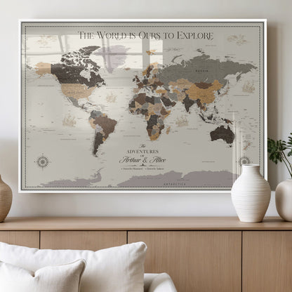 90024882-MGV-FP-36X24-3P_White-The World is Ours to Explore Wall Art – Earth Tone World Map Canvas Print, Adventure Travel Decor for Living Room, Office or