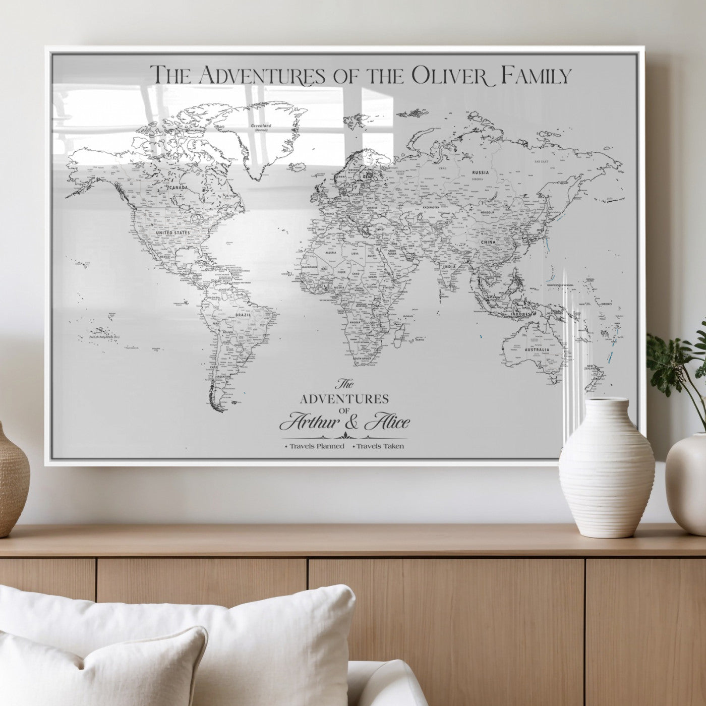 21029247-MGV-FP-36X24-3P_White-Minimalist World Map Wall Art – Black and White Travel Adventure Print, Modern Family Travel Map Decor for Living Room, Bedroom,